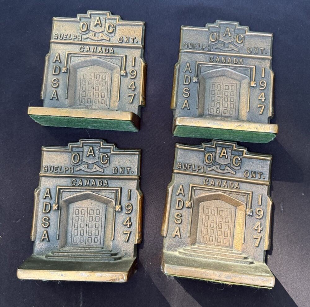 1947 OAC Cast Iron Copper Bookend Ontario Agricultural College Guelph Set Of 4
